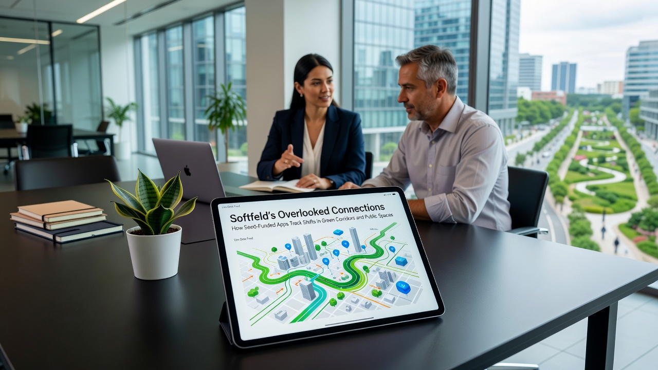 Developers reviewing seed-funded app analytics showing changes in public space priorities across connected green corridors